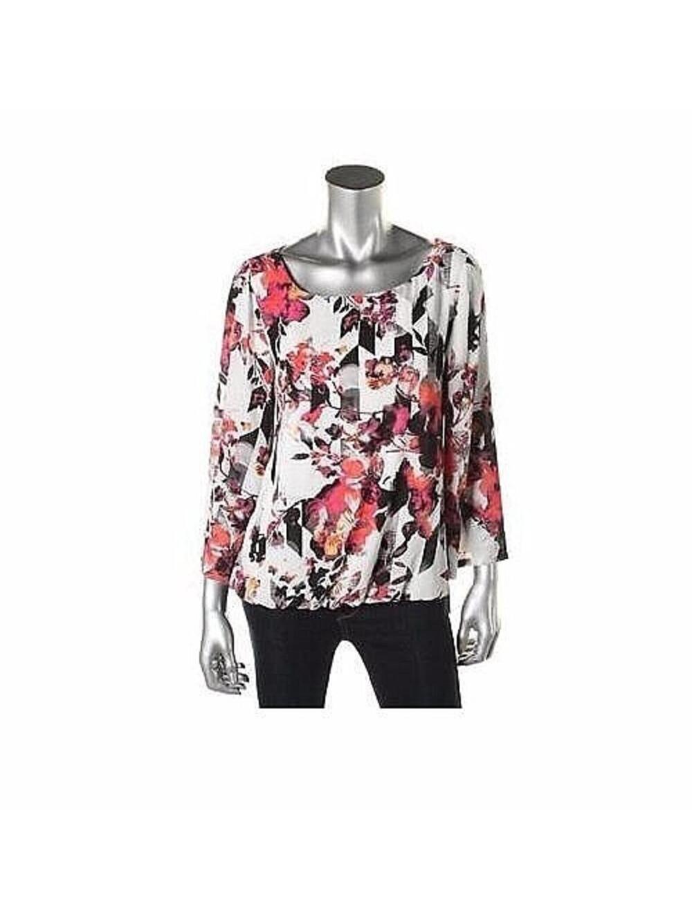 NWT ALFANI Pink Black White Prismatic Floral Tulip-Sleeve Printed Top Blouse 4